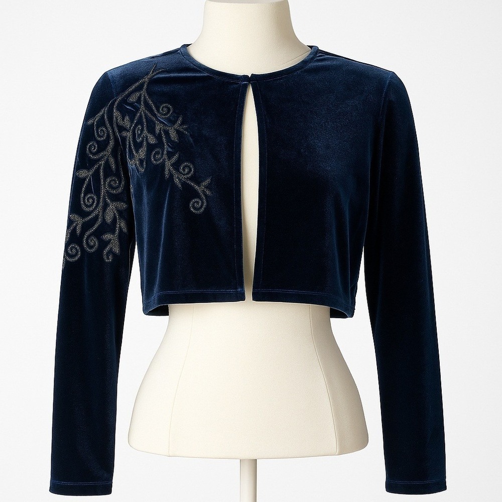 Vintage 90s Beaded Velvet Crop Bolero Jacket Sweater Blue Whimsigoth Floral Y2K